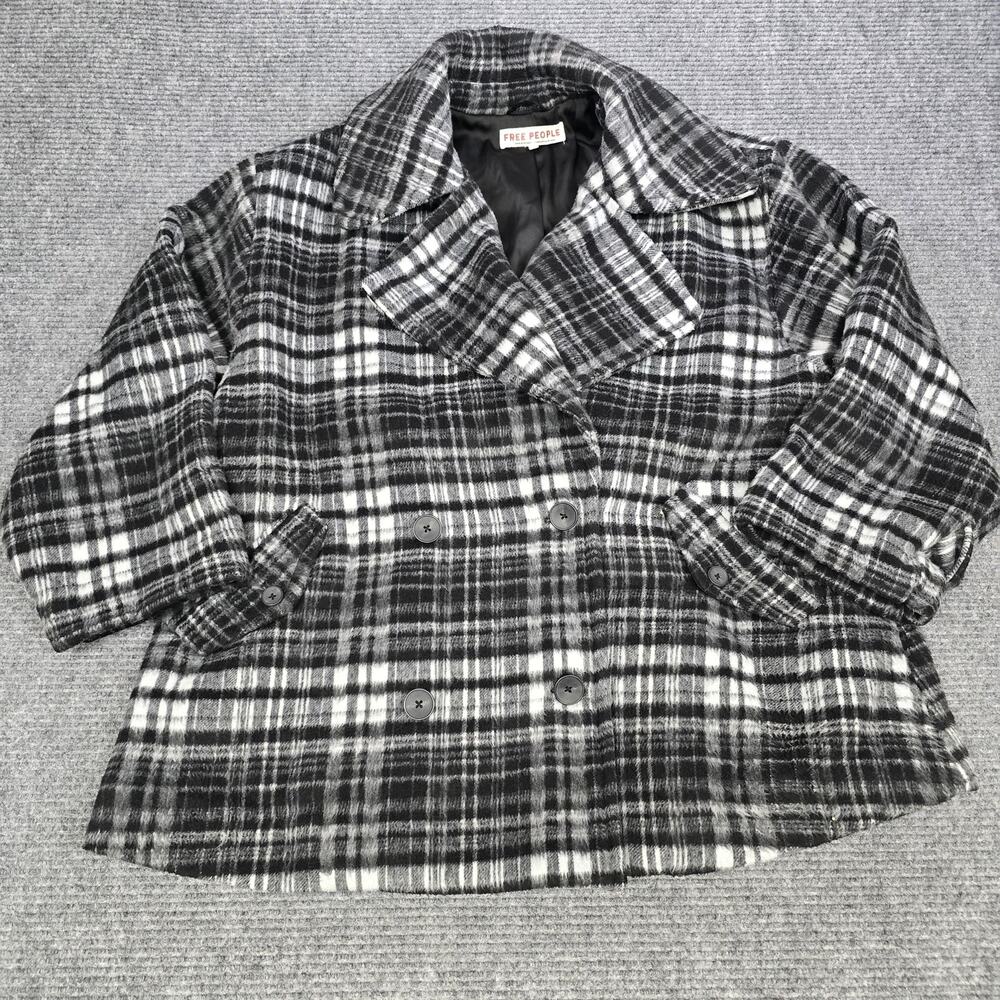Free People Highlands Wool Peacoat Womens M Black White Plaid Double Breasted